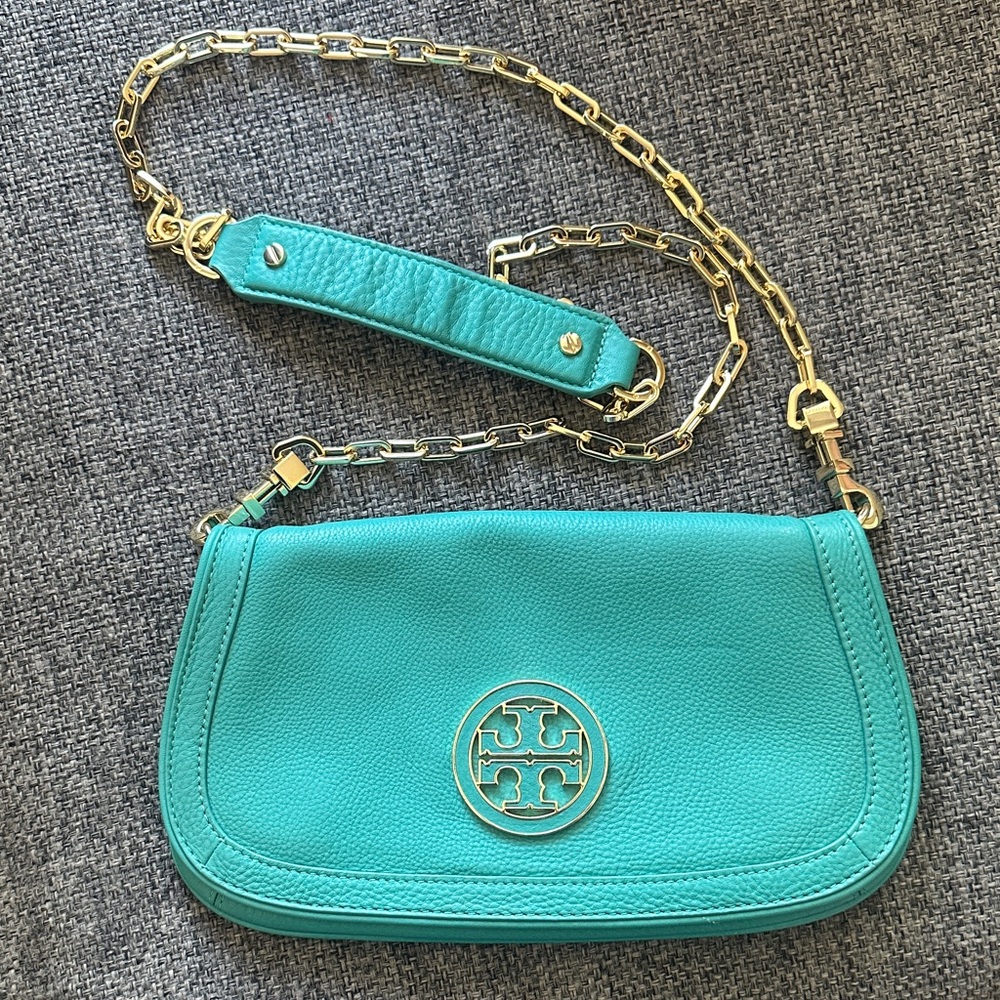 TORY BURCH Teal and Gold Leather Chain Shoulder Bag/Clutch